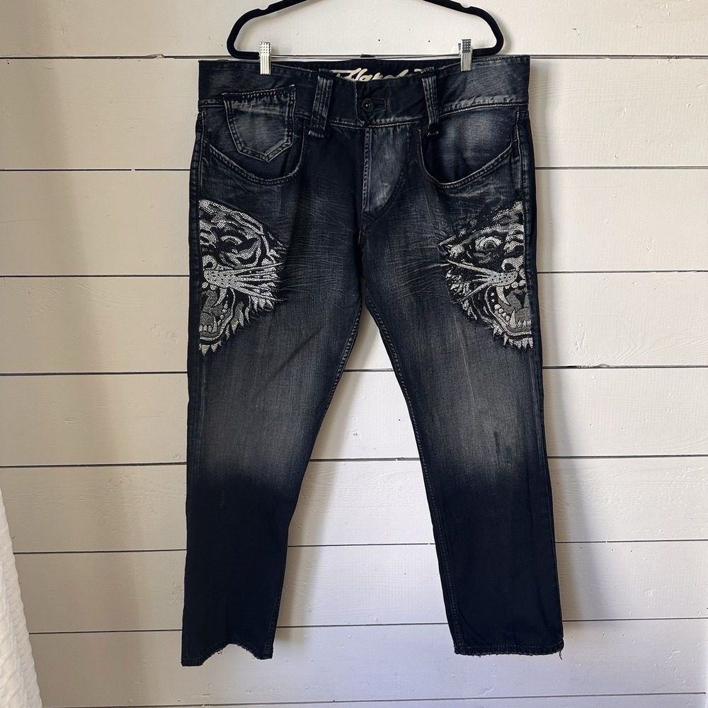 Ed Hardy Vintage Tiger Studded Jeans 42 X‎ 32 Y2K Grunge Streetwear Rhinestone